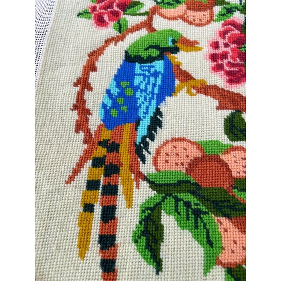 Vintage completed Needlepoint Picture Unframed Bird Flowers - Picture 5 of 11